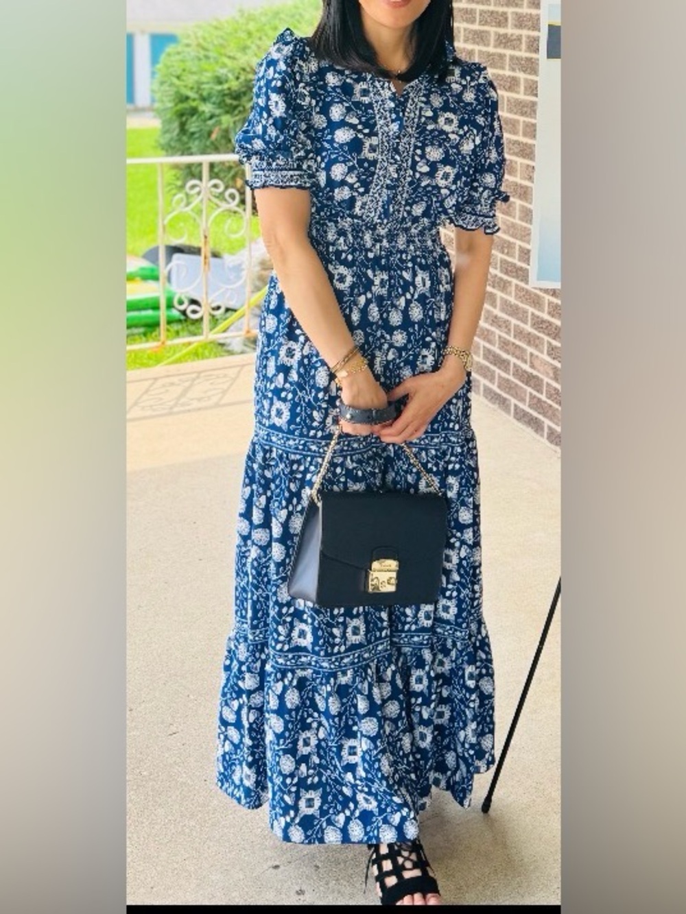 Like New! MaxStudio Navy Blue Floral Maxi Dress with Puff Sleeves